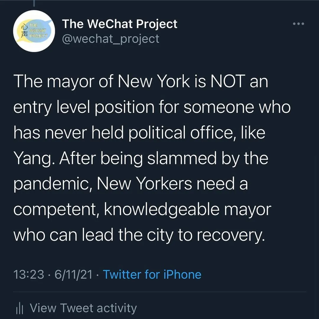 Screenshot of text stating: The mayor of New York is NOT an entry level position for someone who has never held political office, like Yang. After being slammed by the pandemic, New Yorkers need a competent, knowledgeable mayor who can lead the city to recovery.