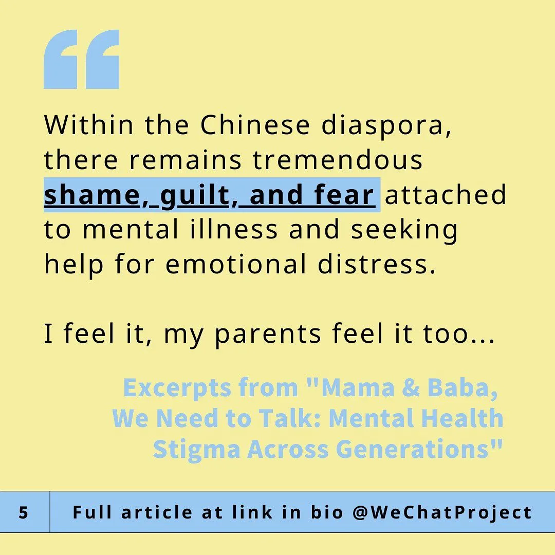 Text on yellow background stating: within the Chinese diaspora, there remains tremendous shame, guilt, and fear attached to mental illness and seeking help for emotional distress.