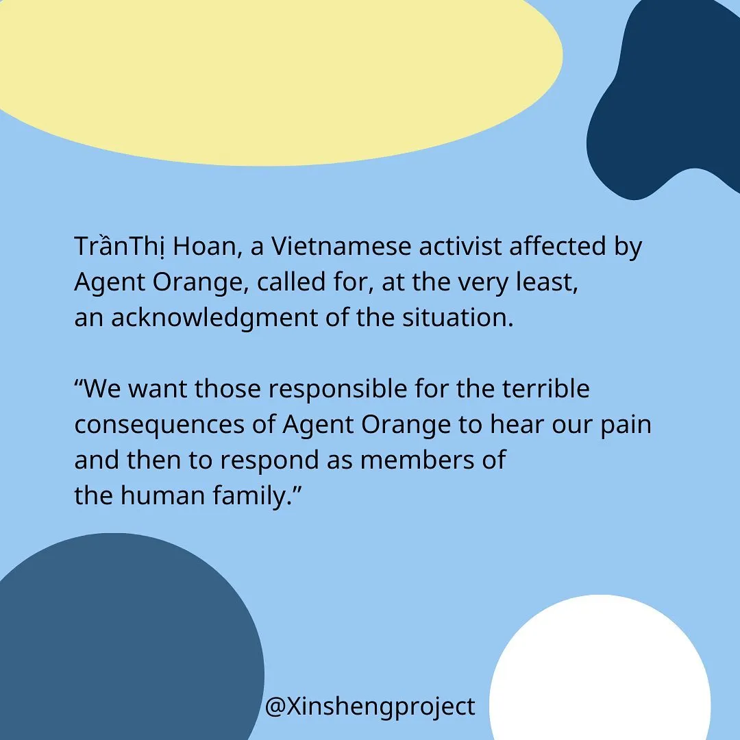 Trần Thị Hoan, a Vietnamese activist affected by Agent Orange, called for, at the very least, an acknowledgement of the situation. “We want those responsible for the terrible consequences of Agent Orange to hear our pain and then to respond as members of the human family.”