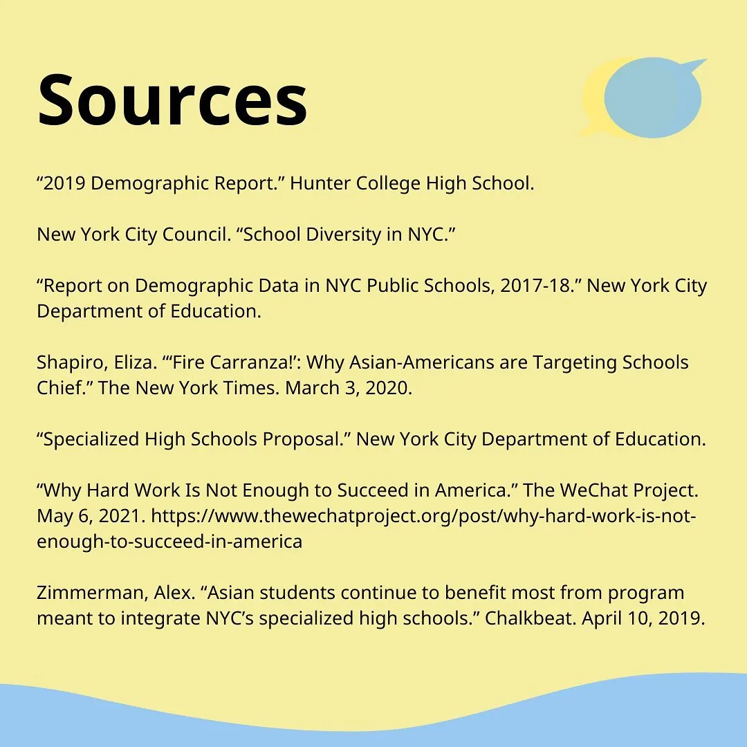 “2019 Demographic Report.” Hunter College High School.

New York City Council. “School Diversity in NYC.” https://council.nyc.gov/data/school-diversity-in-nyc/

“Report on Demographic Data in NYC Public Schools, 2017-18.” New York City Department of Education. https://infohub.nyced.org/reports/school-quality/information-and-data-overview

Shapiro, Eliza. “‘Fire Carranza!’: Why Asian-Americans are Targeting Schools Chief.” The New York Times. March 3, 2020. https://www.nytimes.com/2020/03/03/nyregion/carranza-asian-americans-schools.html

“Specialized High Schools Proposal.” New York City Department of Education. https://www.schools.nyc.gov/docs/default-source/default-document-library/specialized-high-schools-proposal

“Why Hard Work Is Not Enough to Succeed in America.” The WeChat Project. May 6, 2021. https://www.thewechatproject.org/post/why-hard-work-is-not-enough-to-succeed-in-america

Zimmerman, Alex. “Asian students continue to benefit most from program meant to integrate NYC’s specialized high schools.” Chalkbeat. April 10, 2019. https://ny.chalkbeat.org/2019/4/10/21107898/asian-students-continue-to-benefit-most-from-program-meant-to-integrate-nyc-s-specialized-high-schoo

image description: black text on light yellow background