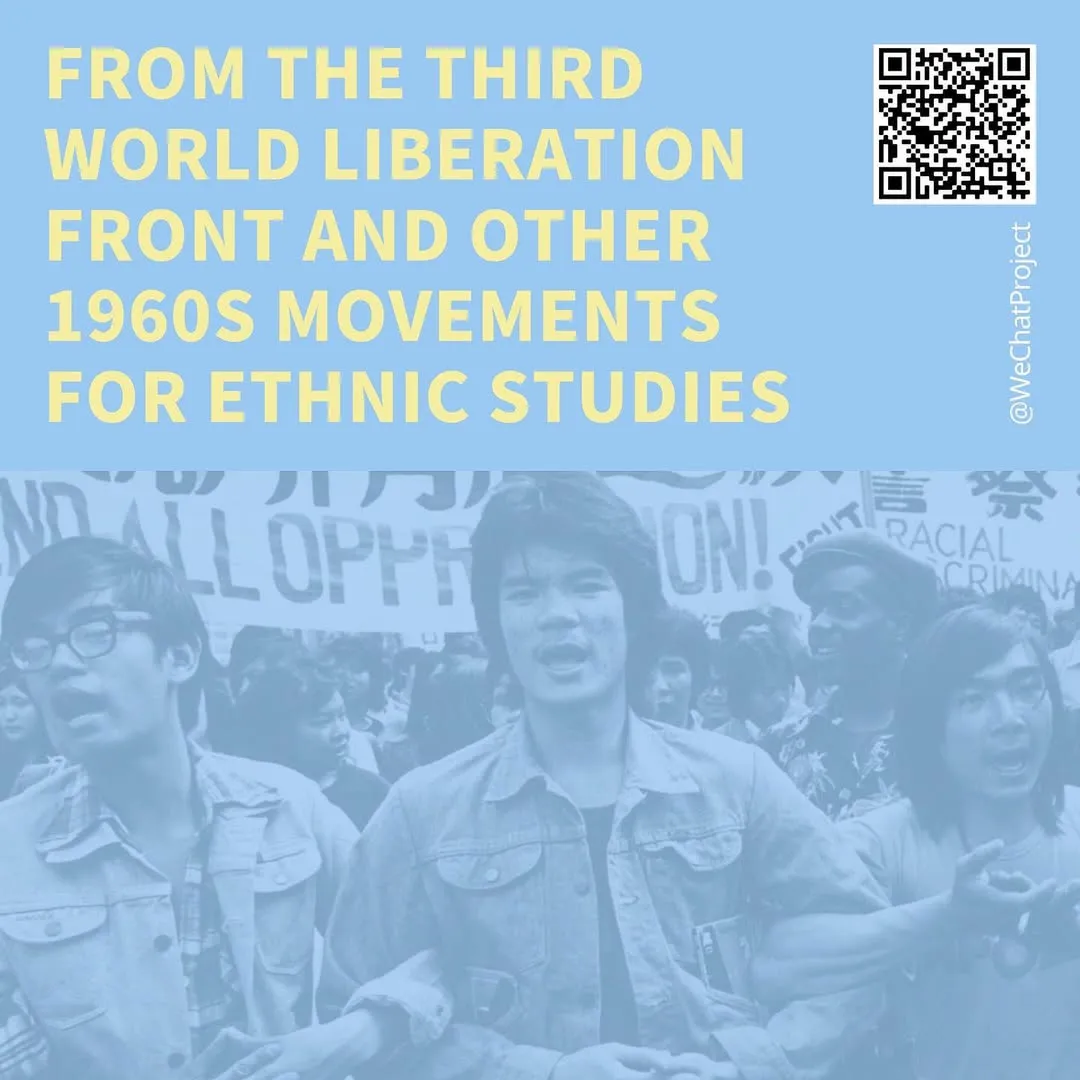 Yellow text on blue background with photo by Corky Lee of Chinese Americans protesting the death of Vincent Chin. Text states: from the third world liberation front and other 1960s movements for ethnic studies