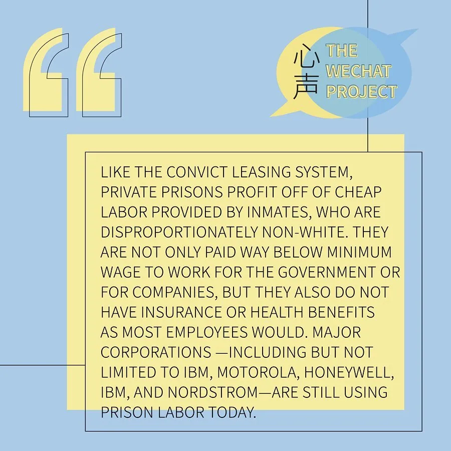 Yellow and blue background with “the wechat project” logo on the upper right corner. Black text stating: like the convict leasing system, private prisons profit off of cheap labour provided by inmates, who are disproportionately non-white. They are not only paid way below minimum wage to work for the government or for companies, but they also do not have insurance or health benefits as most employees would. Major corporations — including but not limited to IBM, Motorola, Honeywell, and Nordstrom — are still using prison labour today.