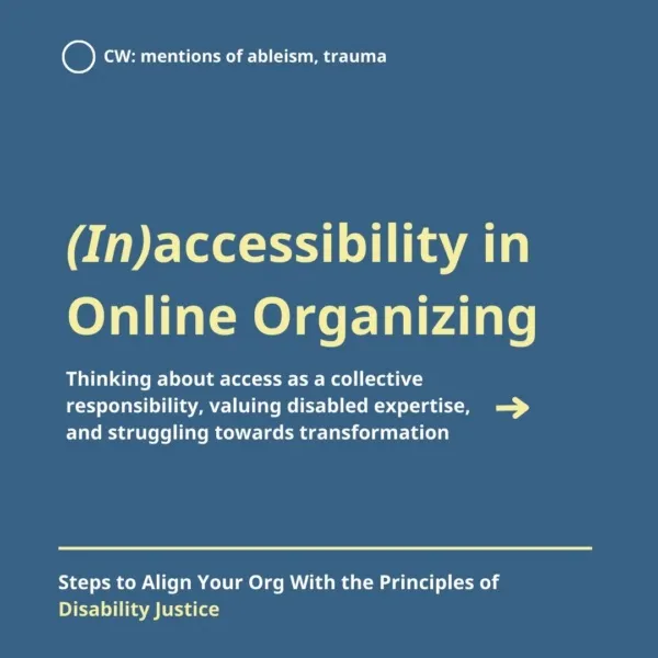 (In)accessibility in Online Organizing: Steps to Align Your Org With the Principles of Disability Justice  Thinking about access as a collective responsibility, valuing disabled expertise, and struggling towards transformation  CW: mentions of ableism, trauma