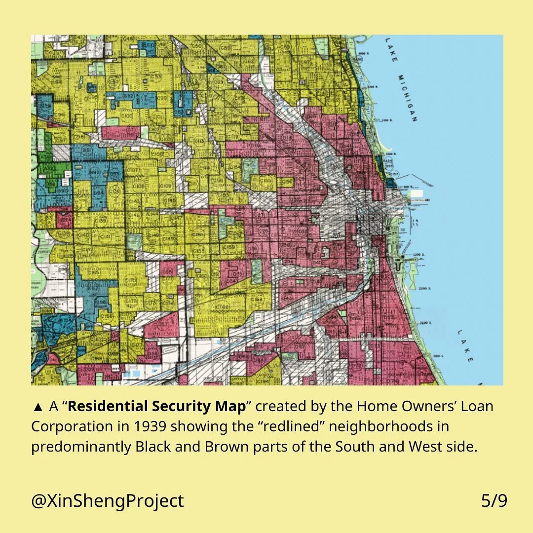 A “Residential Security Map” created by the Home Owners’ Loan Corporation in 1939 showing the “redlined” neighborhoods in predominantly Black and Brown parts of the South and West side. Mapped is Chicago with Lake Michigan on the right and neighborhoods on the left, with majority green, blue, yellow colors on the north and west suburbs of Chicago and majority red colors on south and west side of Chicago.