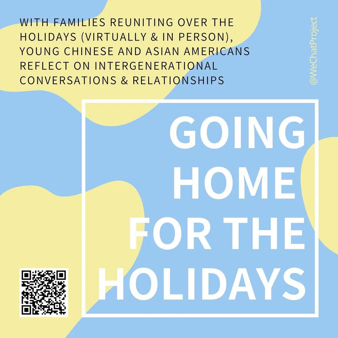 Title slide with QR code on lower left corner, with white title text “Going Home For the Holidays” on pastel yellow and blue background. Black text in upper right corner stating: With families reuniting over the holidays  (virtually & in person), young Chinese and Asian Americans reflect on inter generational conversations & relationships.