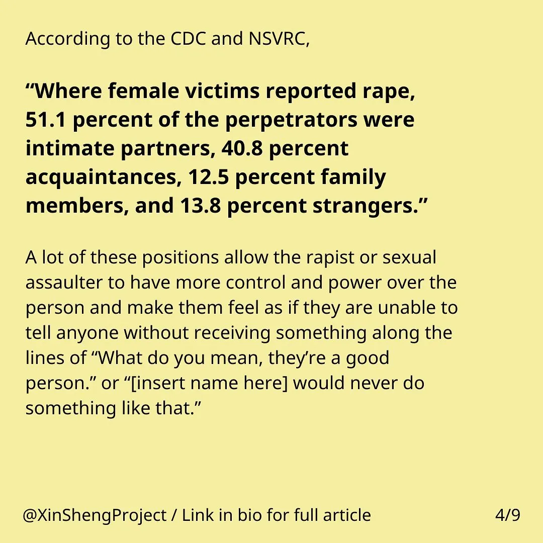 Yellow background with black text, some in bold. 

Text states: According to the CDC and NSVRC, “Where female victims reported rape, 51.1 percent of the perpetrators were intimate partners, 40.8 percent acquaintances, 12.5 percent family members, and 13.8 percent strangers.” A lot of these positions allow the rapist or sexual assaulter to have more control and power over the person and make them feel as if they are unable to tell anyone without receiving something along the lines of “What do you mean, they’re a good person.” or “[insert name here] would never do something like that.”