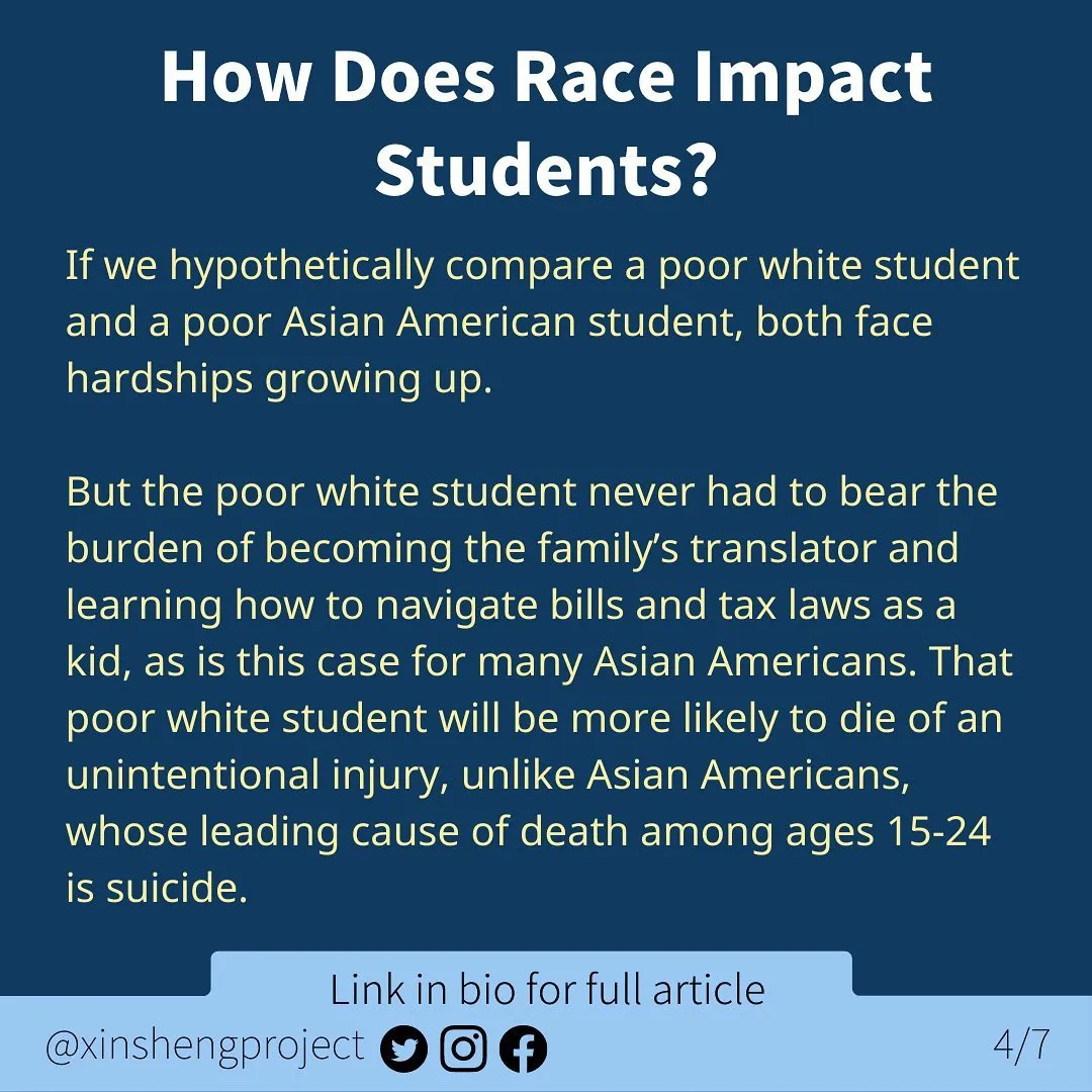 Infographic with a dark blue background and a small, lighter blue strip at the bottom of the graphic.

White title text at the top of the graphic states: How Does Race Impact Students?

Yellow body text states: If we hypothetically compare a poor white student and a poor Asian American student, both face hardships growing up. 

But the poor white student never had to bear the burden of becoming the family’s translator and learning how to navigate bills and tax laws as a kid, as is this case for many Asian Americans. That poor white student will be more likely to die of an unintentional injury, unlike Asian Americans, whose leading cause of death among ages 15-24 is suicide.

Light blue strip below the text contains Twitter, Instagram, and Facebook icons. Text on light blue states: “link in bio for full article @XinShengProject.”