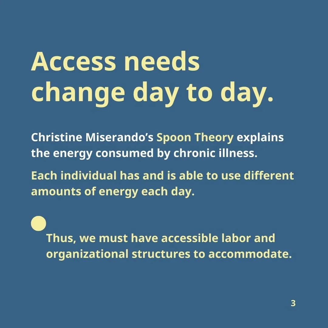 Access needs change day to day.  Christine Miserando’s Spoon Theory explains the energy consumed by chronic illness. Each individual has and is able to use different amounts of energy each day.  Thus, we must have accessible labor and organizational structures to accommodate.