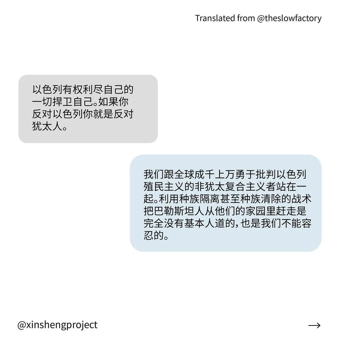 Q: 以色列有权利尽自己的一切捍卫自己。如果你反对以色列你就是反对犹太人。
A: 我们跟全球成千上万勇于批判以色列殖民主义的非犹太复合主义者站在一起。利用种族隔离甚至种族清除的战术把巴勒斯坦人从他们的家园里赶走是完全没有基本人道的，也是我们不能容忍的。